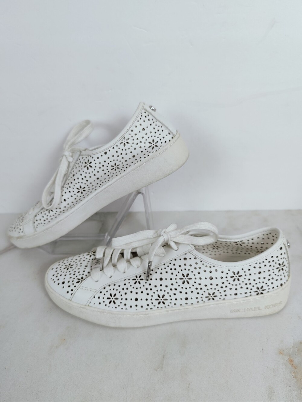 MICHAEL Michael Kors Keaton Perforated White Leather Sneakers Tennis Shoes, 8